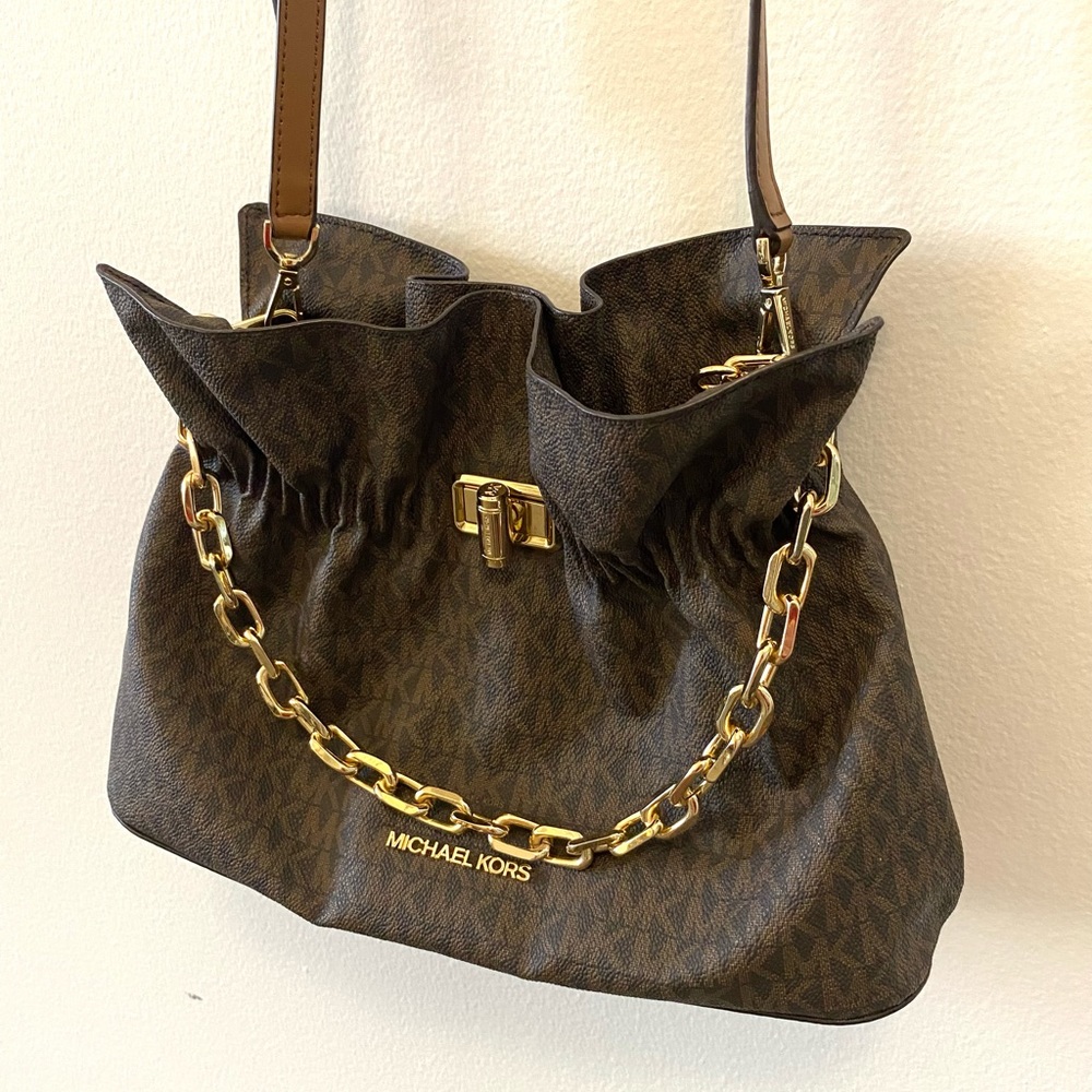 MK Michael Kors gently used brown logo design crossbody purse with gold hardware